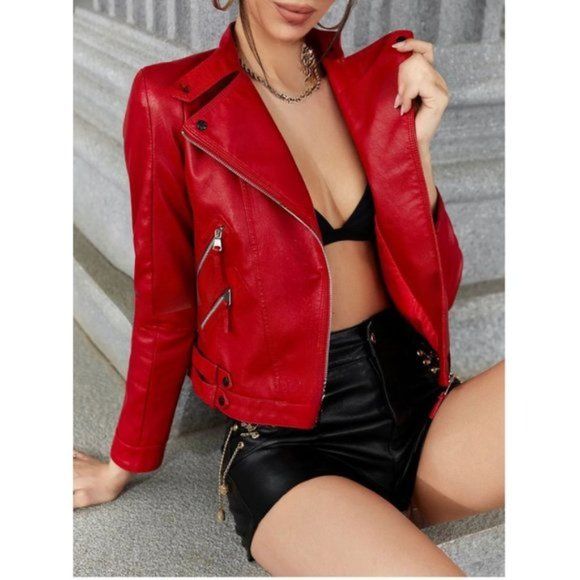 Jackets & Blazers - Zip up vegan Leather Moto Jacket Red